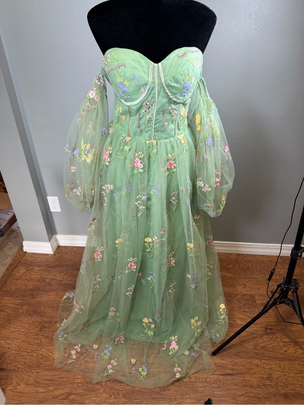 Ethereal Green Floral Embroidered Prom Dress
